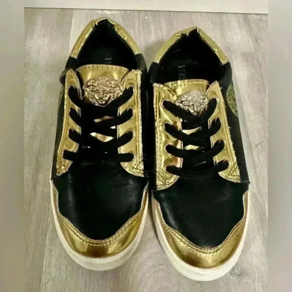 Versace Other - Versace boys Sneakers Rubber Shoes Slip On Leather black/gold Casual Shoes sz 1